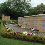 Memorial plaques and flowers