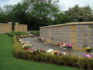 Memorial plaques and flowers