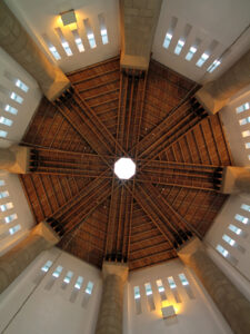 Looking up at the octagonal wooden ceiling